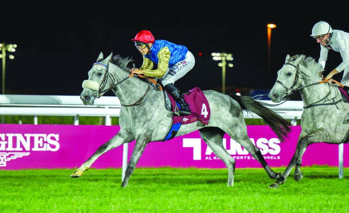 
Soufiane Saadi guides Dabida to victory in the Al Wakra Cup at Al Rayyan Racecourse. 