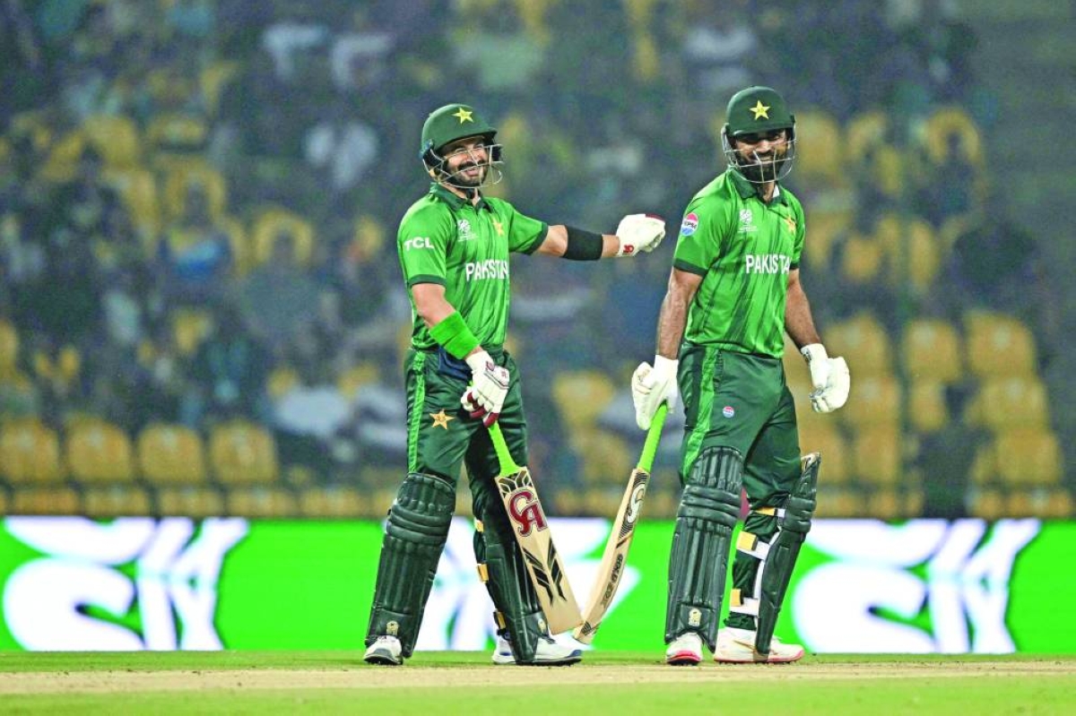 Pakistan’s Fakhar Zaman (right) and Sahibzada Farhan react during the World Cup Super Eights match against Sri Lanka at the Pallekele International Cricket Stadium in Kandy Saturday. (AFP)