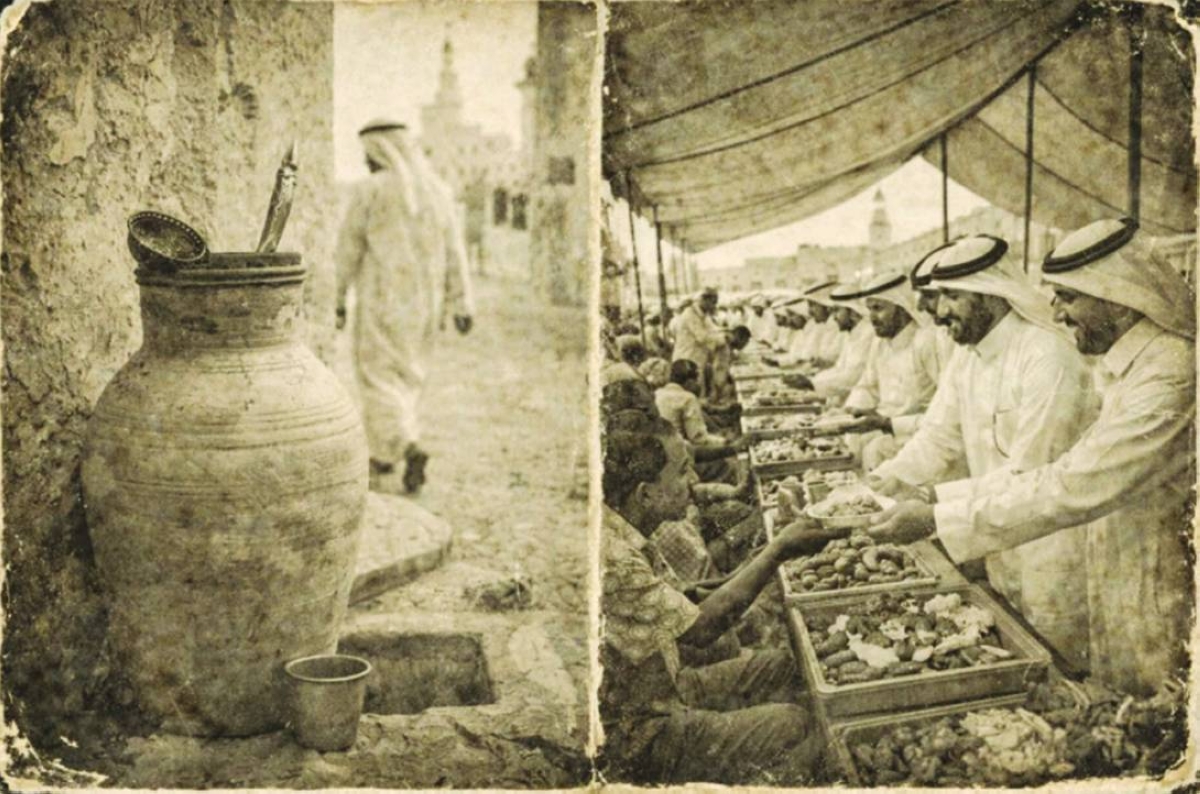 A file photo showing (from left) a large water jar, and volunteers distributing meals.