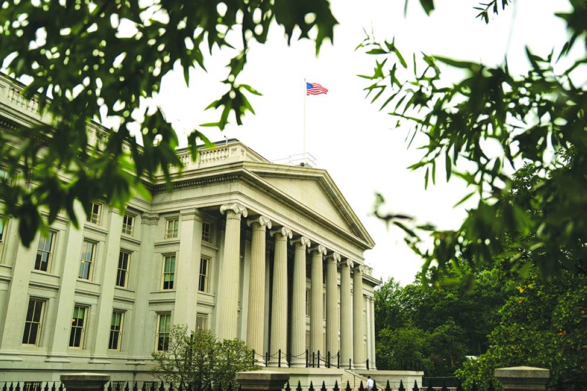The US Treasury building in Washington, DC. US Treasuries fell as conflict in the Middle East sent oil prices soaring, stoking fear inflation will accelerate and forcing traders to scale back wagers on the likely scope of interest-rate cuts. 