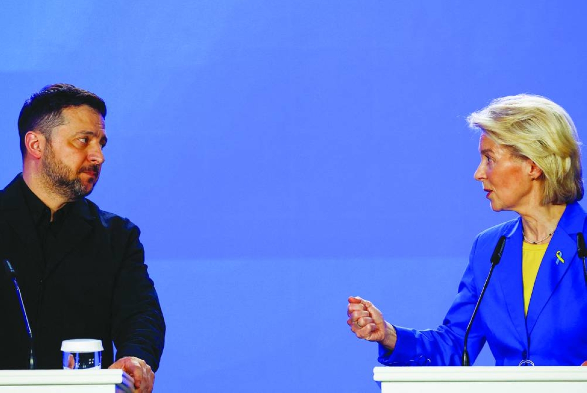 
Ukraine’s President Volodymyr Zelenskiy and European Commission President Ursula von der Leyen attend a press conference with European Council President Antonio Costa (not pictured) in Kyiv. (Reuters) 