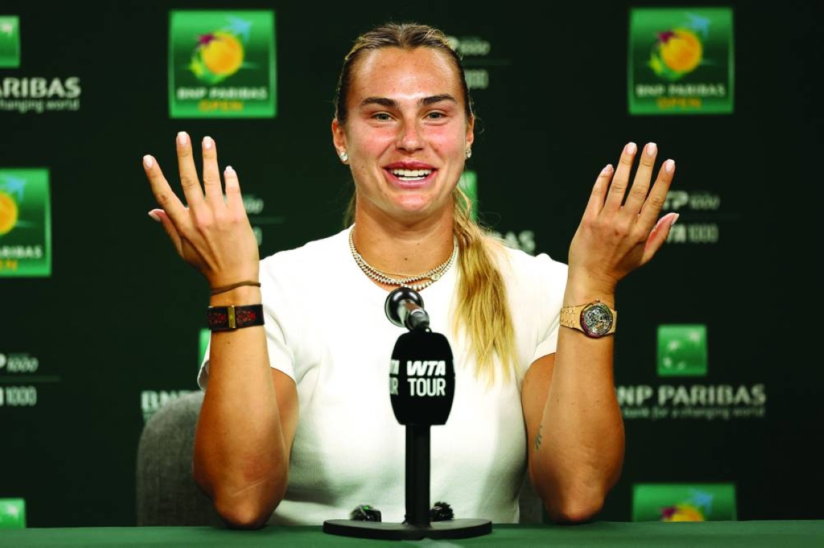 INDIAN WELLS, CALIFORNIA - MARCH 03: Aryna Sabalenka fields questions on media day during the BNP Paribas Open at the Indian Wells Tennis Garden on March 03, 2026 in Indian Wells, California. AFP