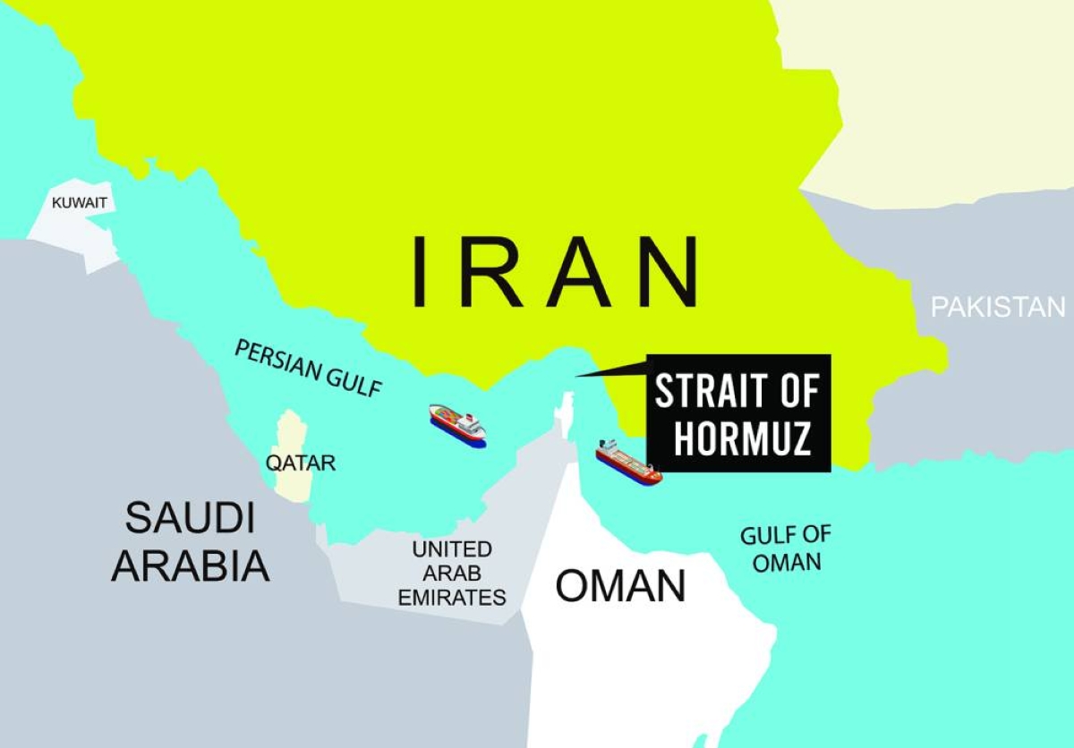 
A map showing the Strait of Hormuz and Iran appear in this illustration. 