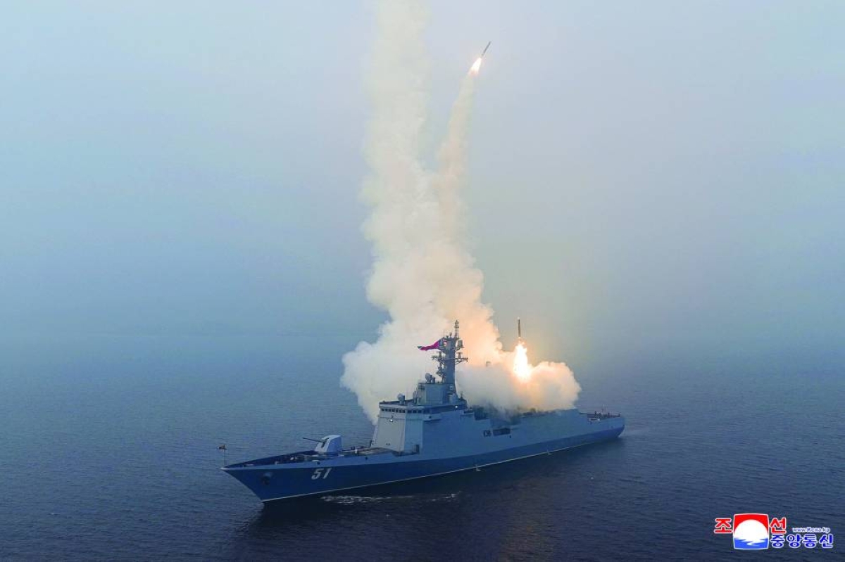 The Choe Hyon naval destroyer conducts a missile test launch overseen by North Korean leader Kim Jong-un on Wednesday.(Reuters)