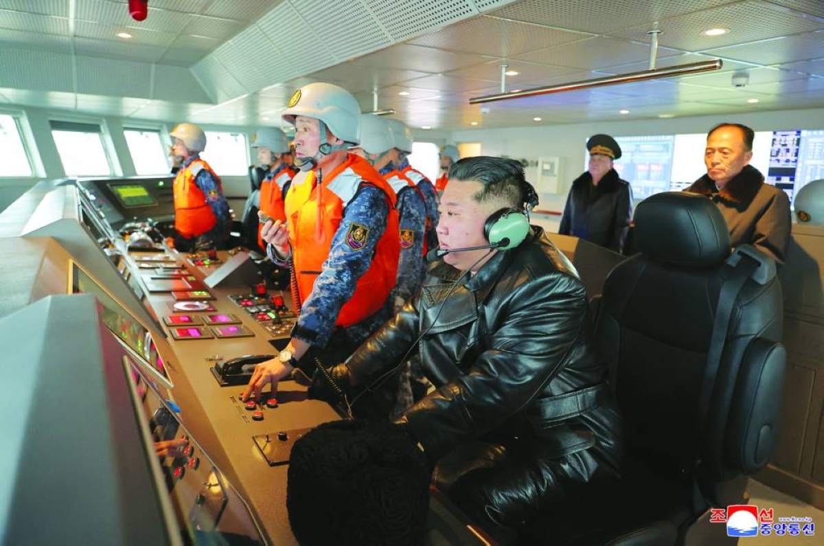 North Korean leader Kim Jong-un inspecting the sea trials of the destroyer Choe Hyon ahead of its commissioning an undisclosed location in North Korea. (AFP) 