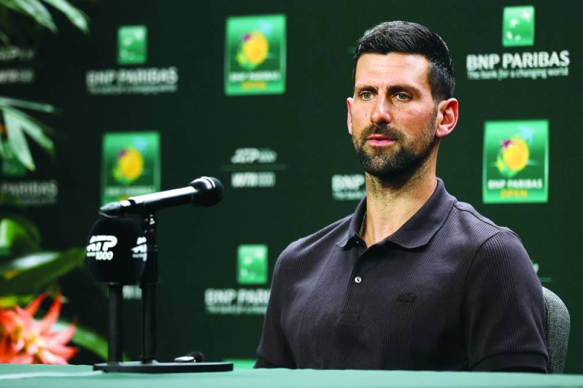 INDIAN WELLS, CALIFORNIA - MARCH 04: Novak Djokovic of Serbia fields questions form the media during Day 1 of the BNP Paribas Open at the Indian Wells Tennis Garden on March 04, 2026 in Indian Wells, California. (AFP)