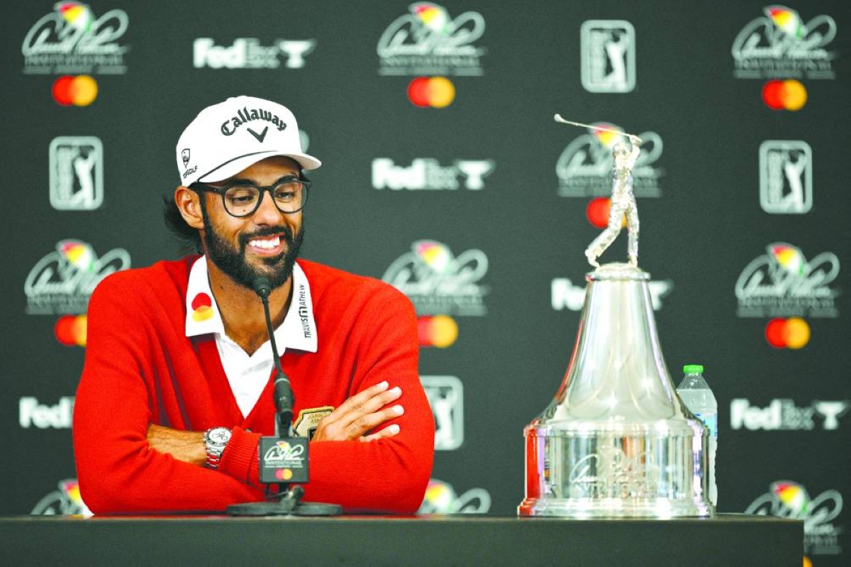 ORLANDO, FLORIDA - MARCH 08: Akshay Bhatia of the United States talks to the media during a press conference after winning the Arnold Palmer Invitational presented by Mastercard 2026 in a playoff at Arnold Palmer Bay Hill Golf Course on March 08, 2026 in Orlando, Florida. (AFP)