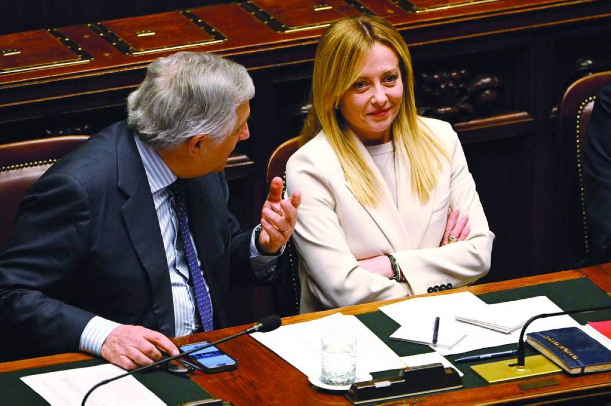 Italy's Prime Minister Giorgia Meloni  (right) and Italy's Deputy Prime Minister and Foreign Minister, Antonio Tajani attend a session at the Italian Parliament Wednesday. (AFP)