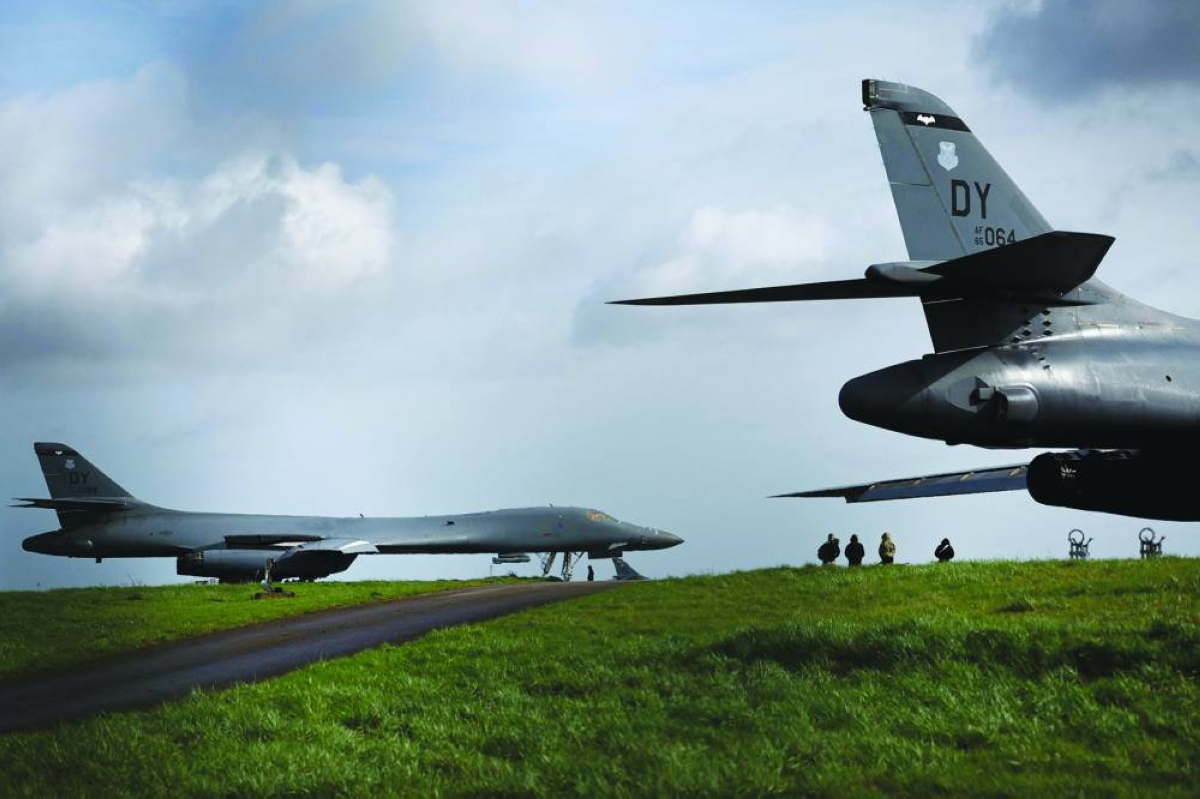 
A US Air Force B-1 Lancer bombers carrying Joint Direct Attack Munitions (JDAM) are prepared for take off, from RAF Fairford in south-west England. Fairford is one of two bases, along with the Diego Garcia facility in the Indian Ocean, that the UK has given the US permission to use for “specific defensive operations into Iran” to destroy Iranian missiles at source. (AFP) 