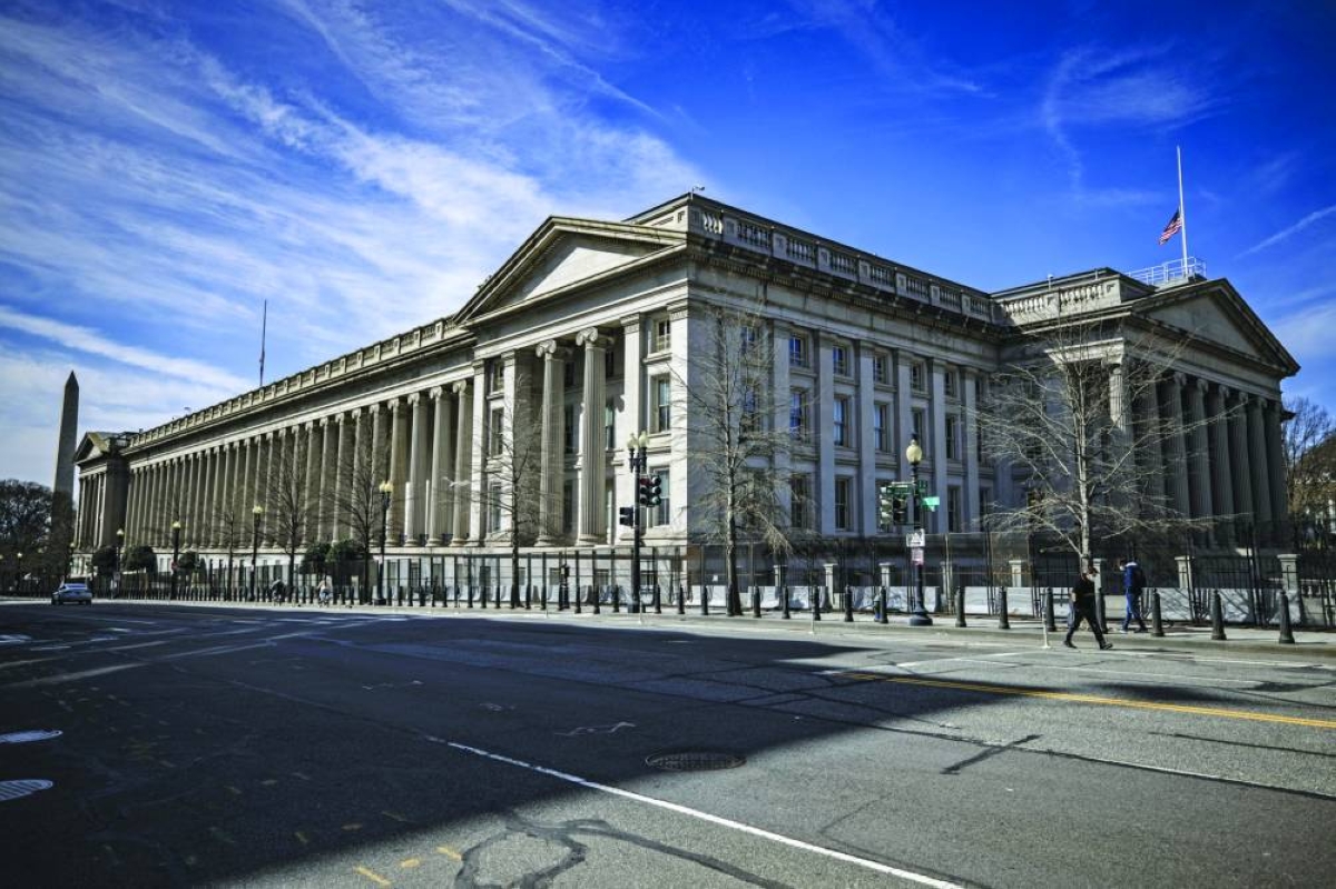 The US Treasury building in Washington. US Treasuries ended the week lower as oil prices rise above $100 a barrel, stoking concern about inflation that will keep the Federal Reserve from lowering interest rates anytime soon.