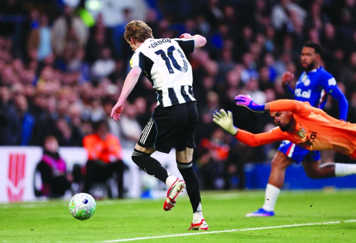 
Newcastle United’s Anthony Gordon scores against Chelsea at Stamford Bridge. (Reuters) 
