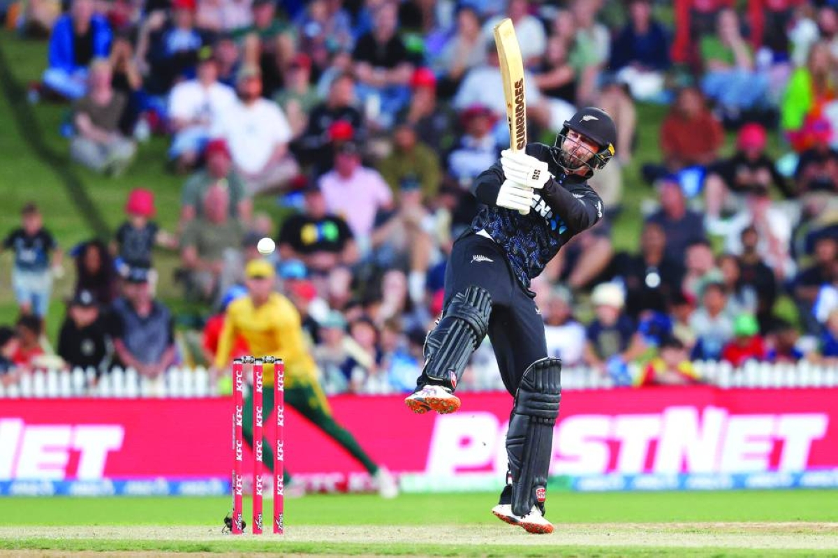 New Zealand’s Devon Conway bats during the second Twenty20 international cricket match between New Zealand and South Africa played at Seddon Park in Hamilton on March 17, 2026. (AFP)