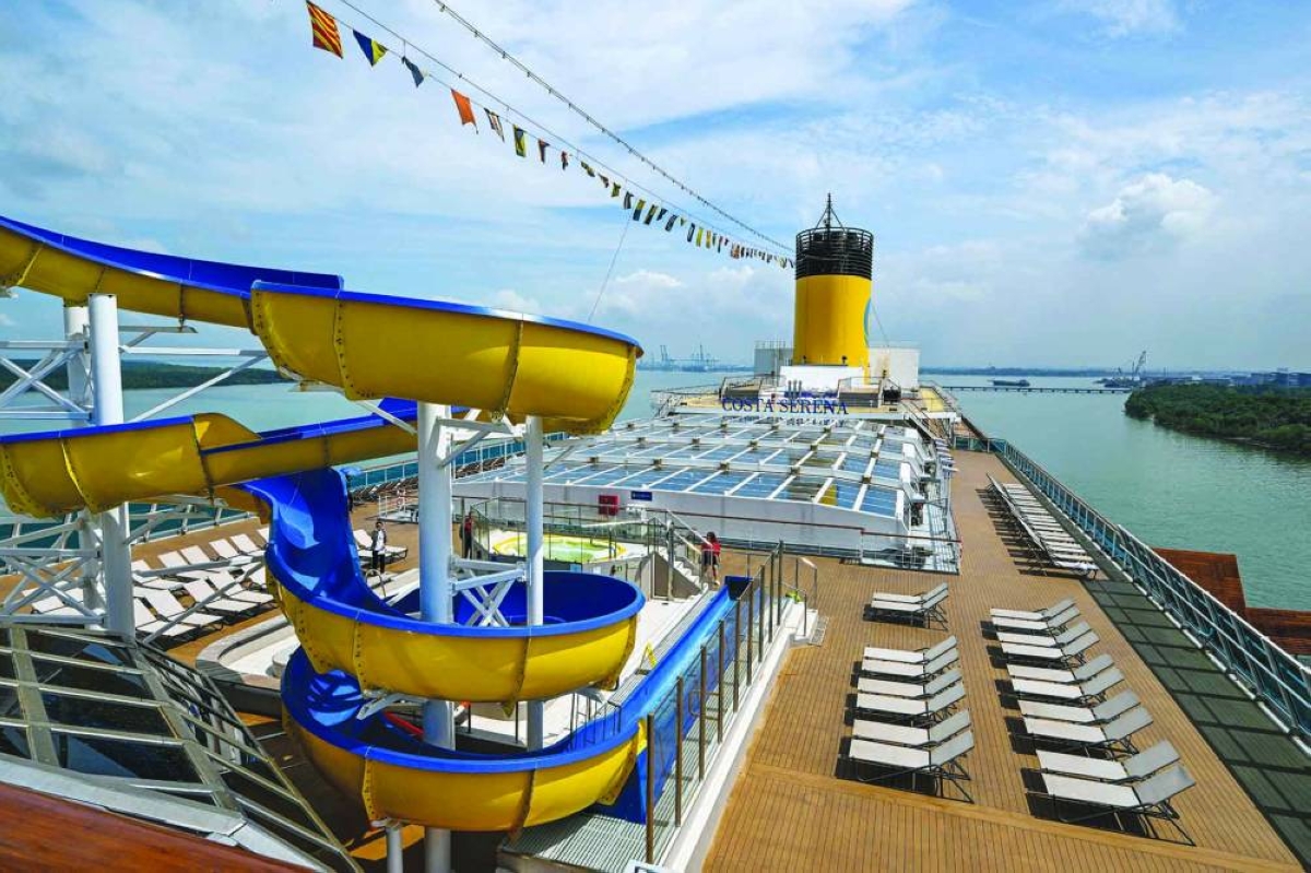 (FILES) This picture shows a view of the open deck of the Costa Serena cruise ship docked during its inauguration in Port Klang, on the outskirts of Kuala Lumpur on January 19, 2024. Athletes at the Asian Games in Japan will enjoy "a unique experience" staying on a cruise ship and in wooden containers, an organising official told AFP, but acknowledged there were concerns about the plan. (AFP)