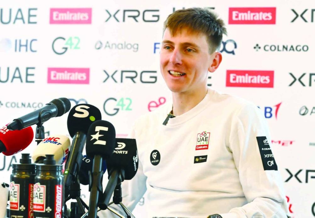 UAE Team Emirate - XRG team's Slovenian rider Tadej Pogacar gives a press conference after a training in Benidorm, eastern Spain, on December 13, 2025. (AFP)