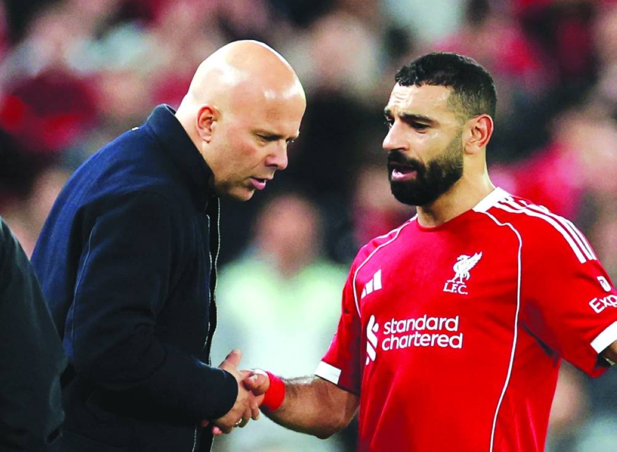 
Liverpool’s Mohamed Salah speaks to manager Arne Slot after being substituted during the UEFA Champions League last 16 clash against Galatasaray at Anfield. (Reuters) 