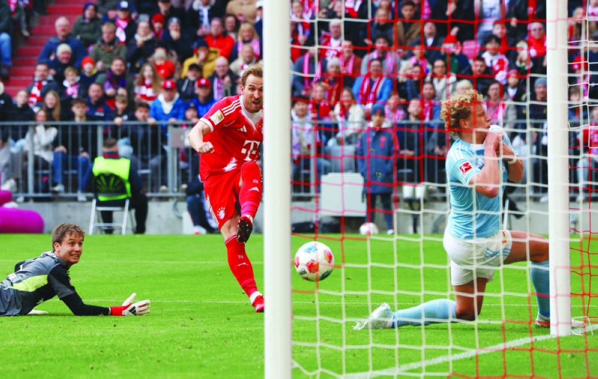 Bayern Munich's Harry Kane shoots at goal during the Bundesliga match against Union Berlin in Munich. (Reuters)
