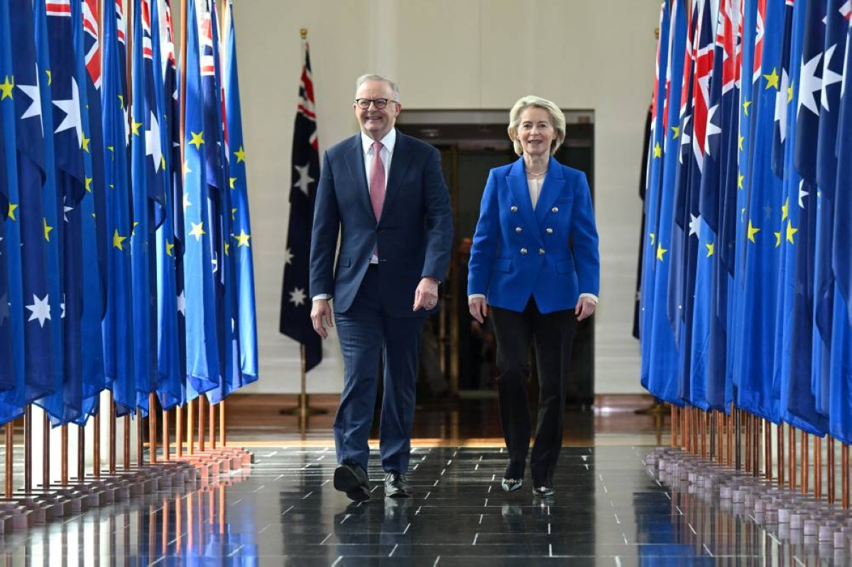 Australian Prime Minister Anthony Albanese and President of the European Commission Ursula von der Leyen walk together after an address to Members and Senators during a joint sitting in the House of Representatives at Parliament House in Canberra on Tuesday. Australia and the European Union signed ‌a free trade agreement on Tuesday after eight years of negotiations, removing tariffs on almost ​all goods and potentially easing EU access ‌to Australian critical minerals.