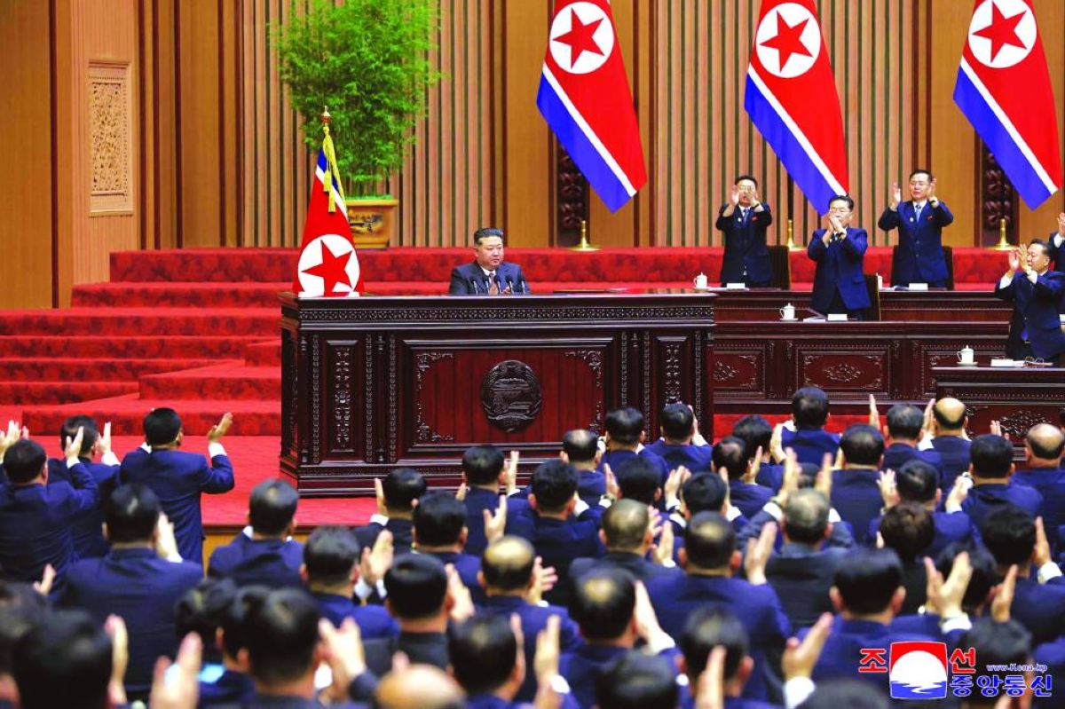 North Korean leader Kim Jong-un delivering a policy speech at the First Session of the 15th Supreme People's Assembly at the Assembly Hall in Pyongyang on Monday. (AFP) 