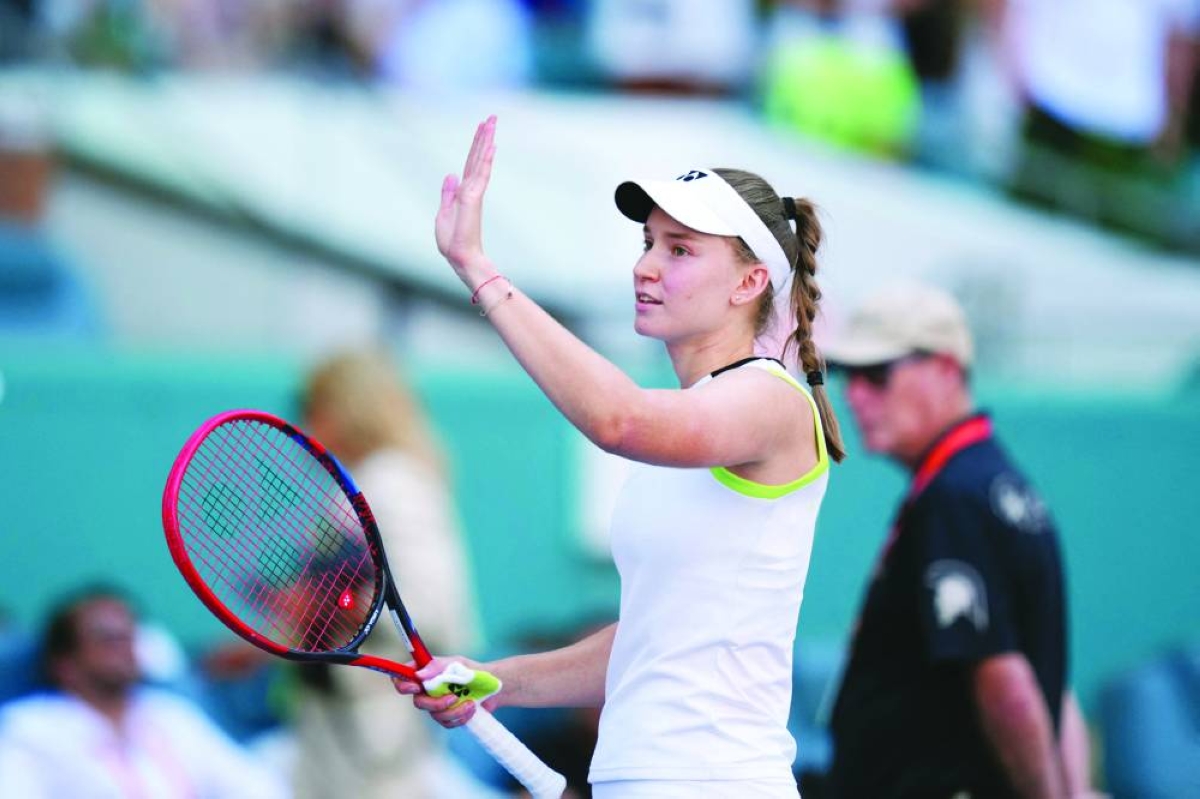 Elena Rybakina of Kazakhstan celebrates after defeating Jessica Pegula of the United States in their Miami Open quarter-final at Hard Rock Stadium Wednesday. (AFP)