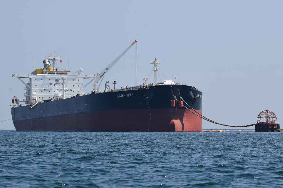 The Sierra Leone-flagged Sara Sky, which is carrying crude oil from Russia, is seen anchored at Limay port, Bataan province, Thursday. (AFP)