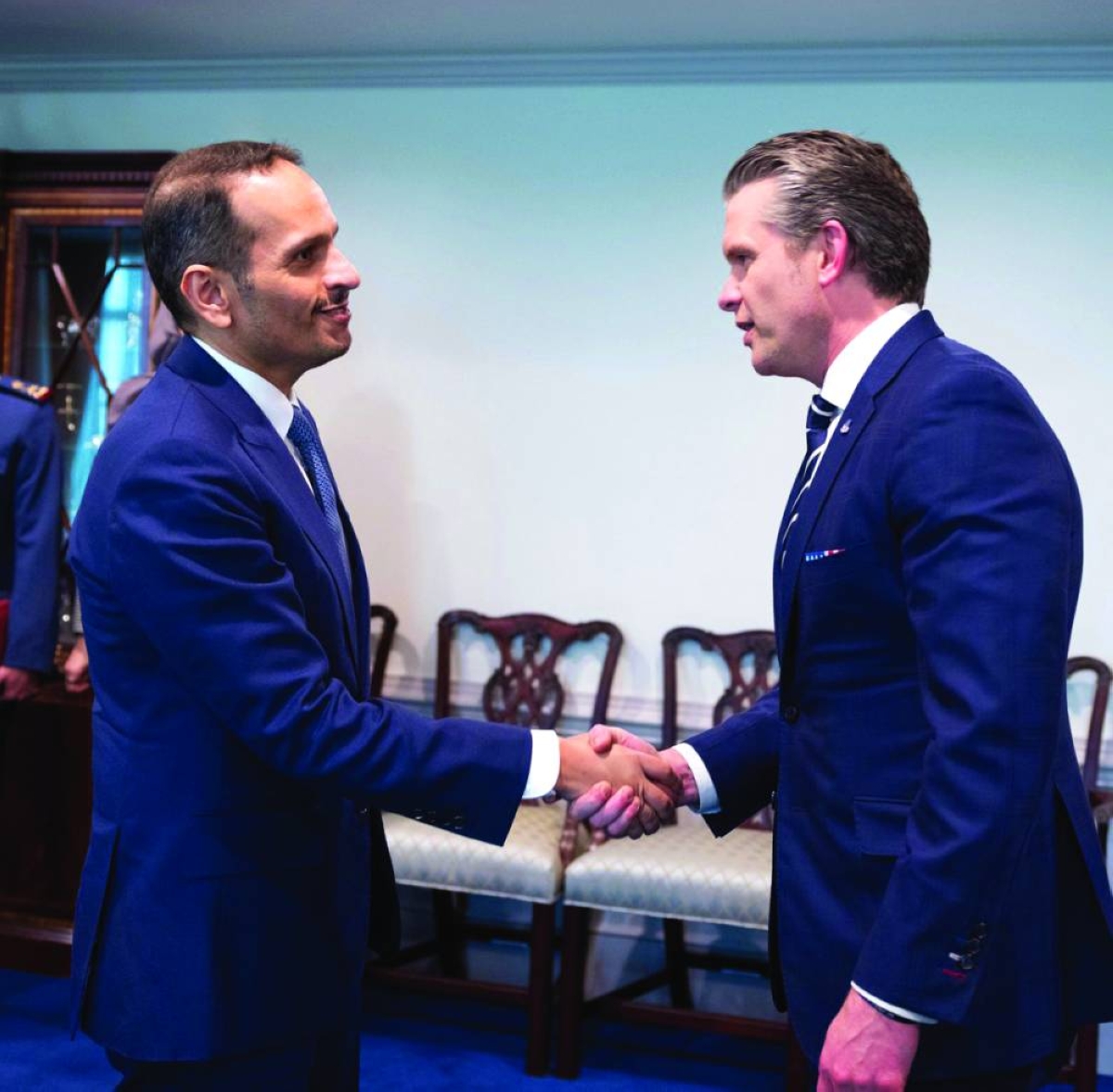 
HE the Prime Minister and Minister of Foreign Affairs Sheikh Mohammed bin Abdulrahman bin Jassim al-Thani with US Secretary of War Pete Hegseth in Washington, DC. (QNA) 