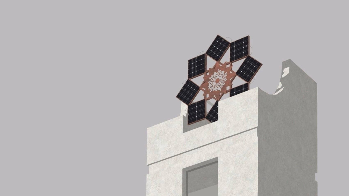 Haroon Mirza, Miraj Al Shams, 2026, site specific Installation, photovoltaic panels, corten steel, bespoke media device, timer, DMX lights, active speakers, LEDs, courtesy of the artist.