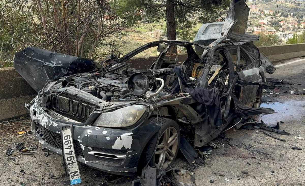 The destroyed car of Lebanese journalists Al Mayadeen reporter Fatima Ftouni and cameraman Mohammed Ftouni, and Al Manar reporter Ali Shaib, who were killed by a targeted Israeli strike, amid escalating hostilities between Israel and Hezbollah, as the U.S.-Israeli conflict with Iran continues, in Jezzine, in southern Lebanon, March 28, 2026. Picture taken with a mobile phone. REUTERS/Ali Hankir TPX IMAGES OF THE DAY REFILE — ADDING IDs