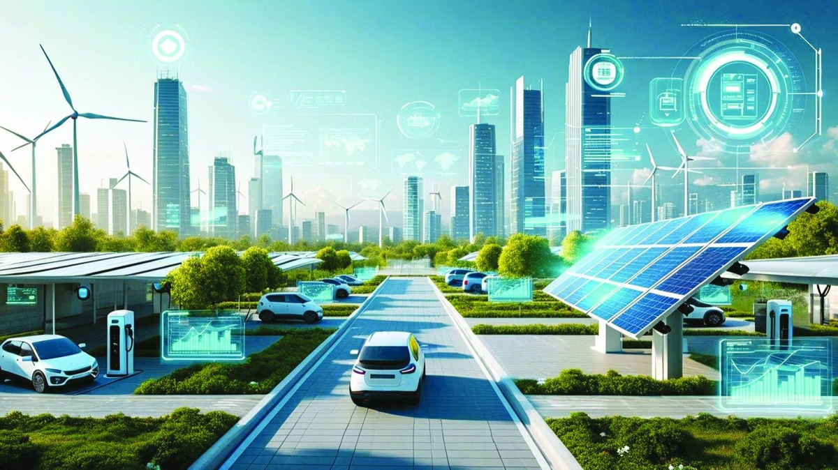 A high-resolution futuristic clean tech cityscape in 2025, powered by AI-driven renewable energy. Smart solar panels with self-adjusting angles cover rooftops and carports, while sleek wind turbines line the horizon. 