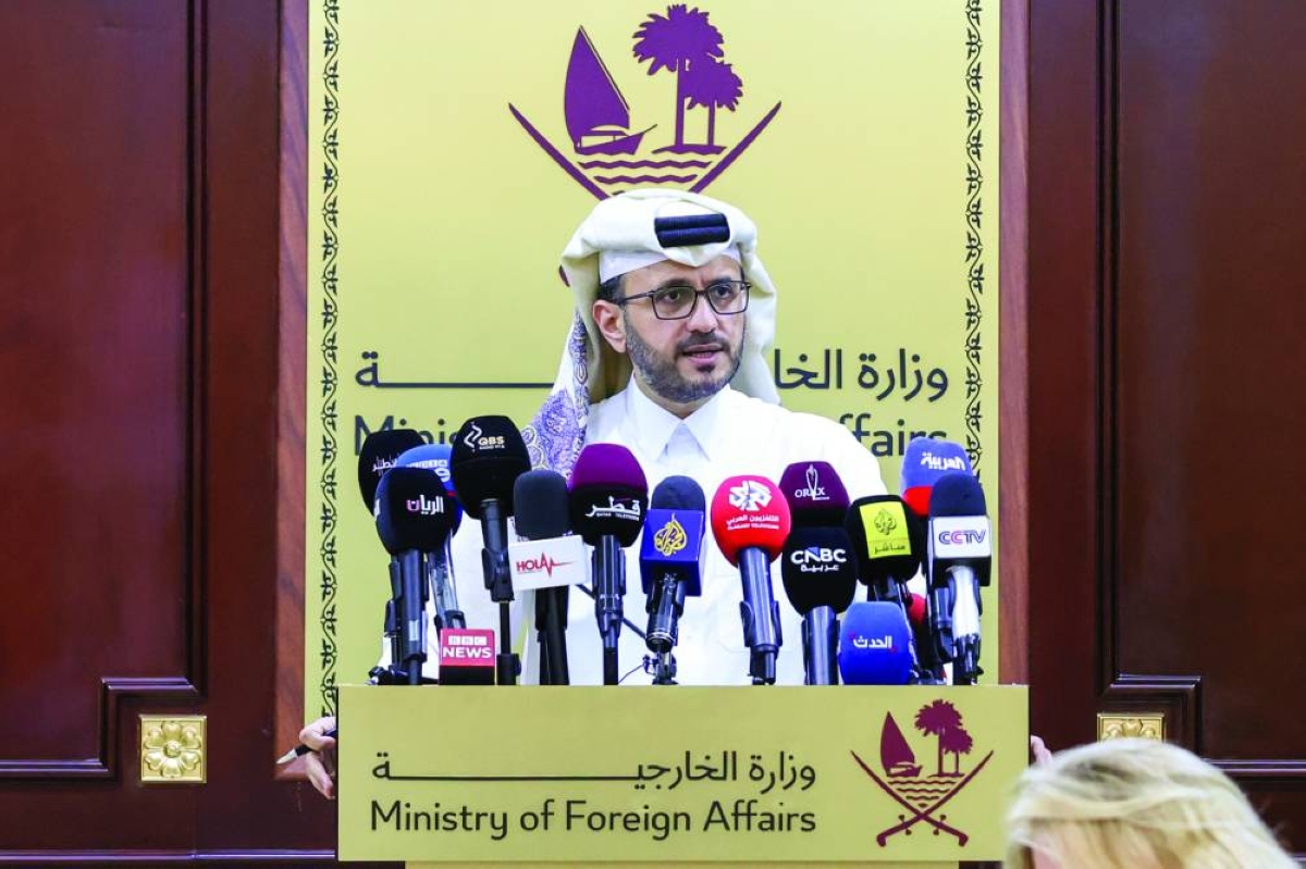 MoFA spokesperson His Excellency Majed bin Mohammed al-Ansari at the press briefing Tuesday.