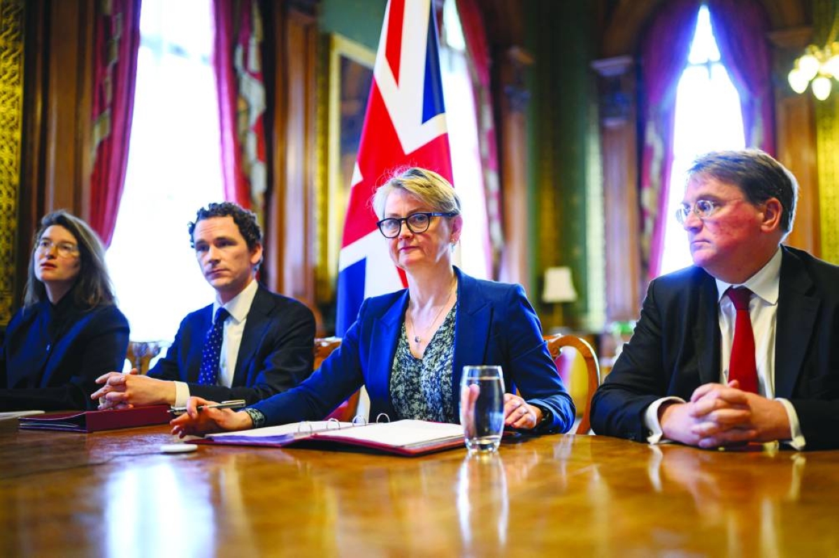 British Foreign Secretary Yvette Cooper prepares to speak during a virtual summit at the Foreign & Commonwealth Office in London, Thursday. (Reuters)