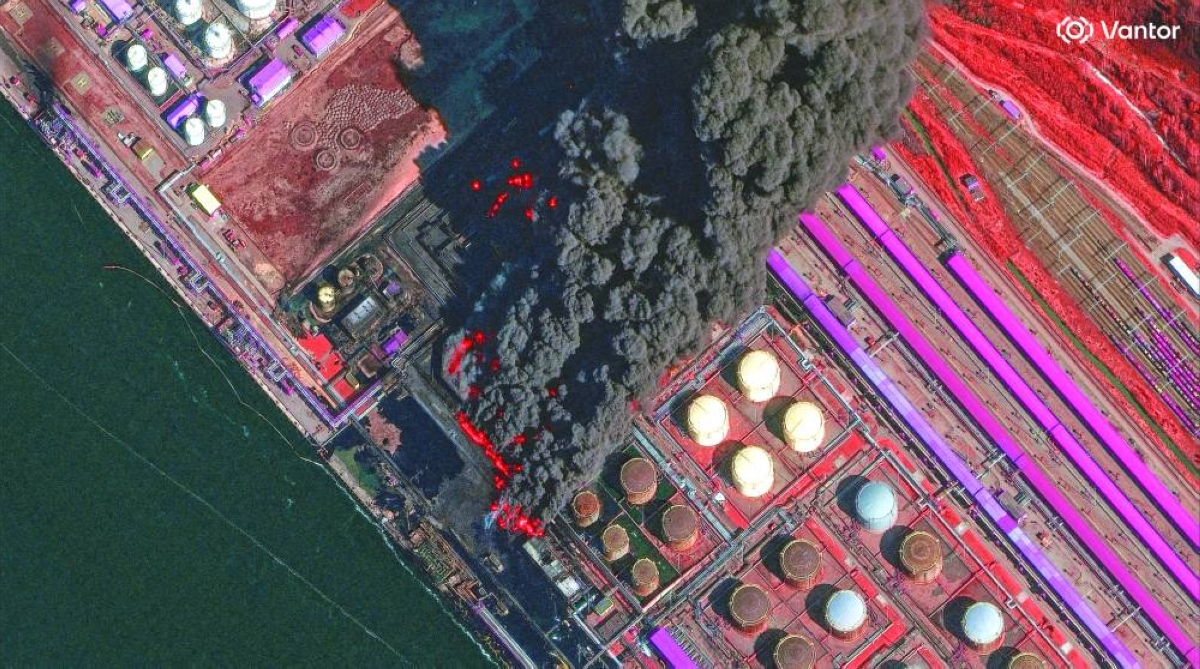 A satellite near-infrared image shows smoke rising from Russia's Baltic port of Ust-Luga after a Ukrainian attack, in Ust-Luga, Leningrad Oblast. Reuters