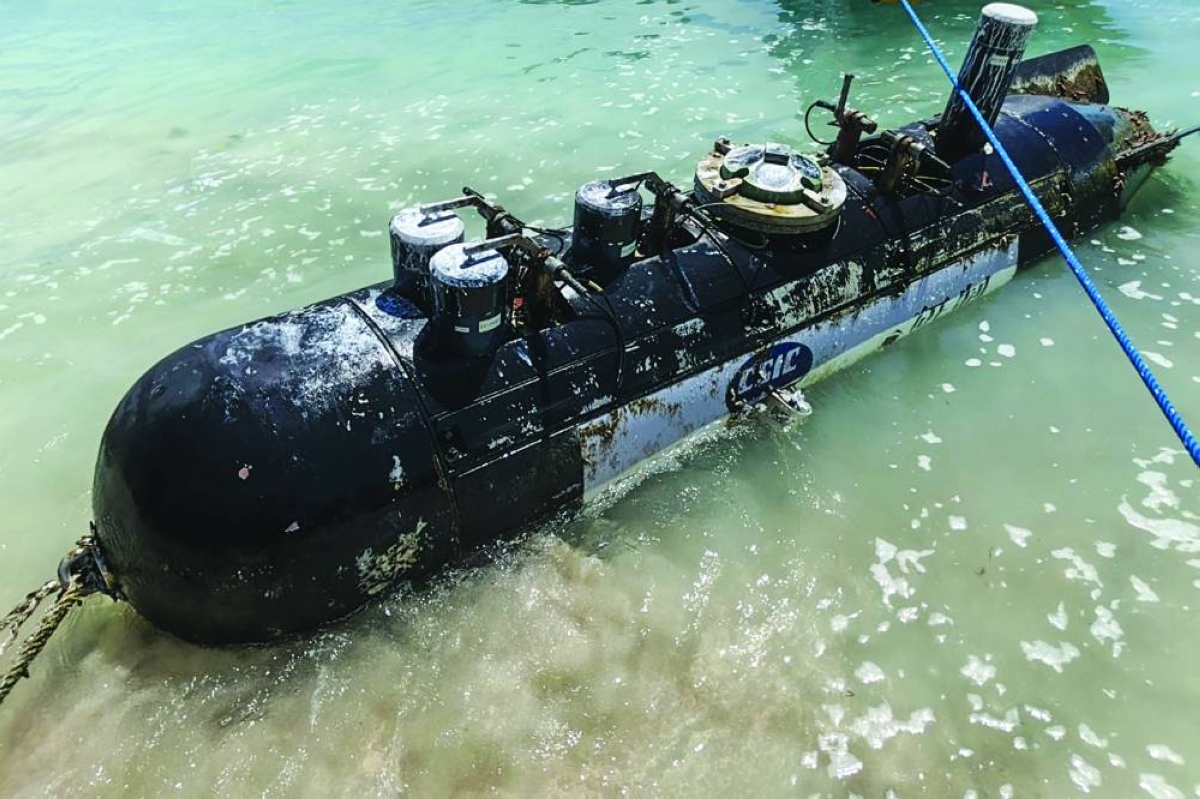 A torpedo-like 3.7m-long and 65cm-wide object, discovered by a fisherman near the Lombok Strait after being towed ashore onto a beach on Gili Trawangan, West Nusa Tenggara. (AFP)