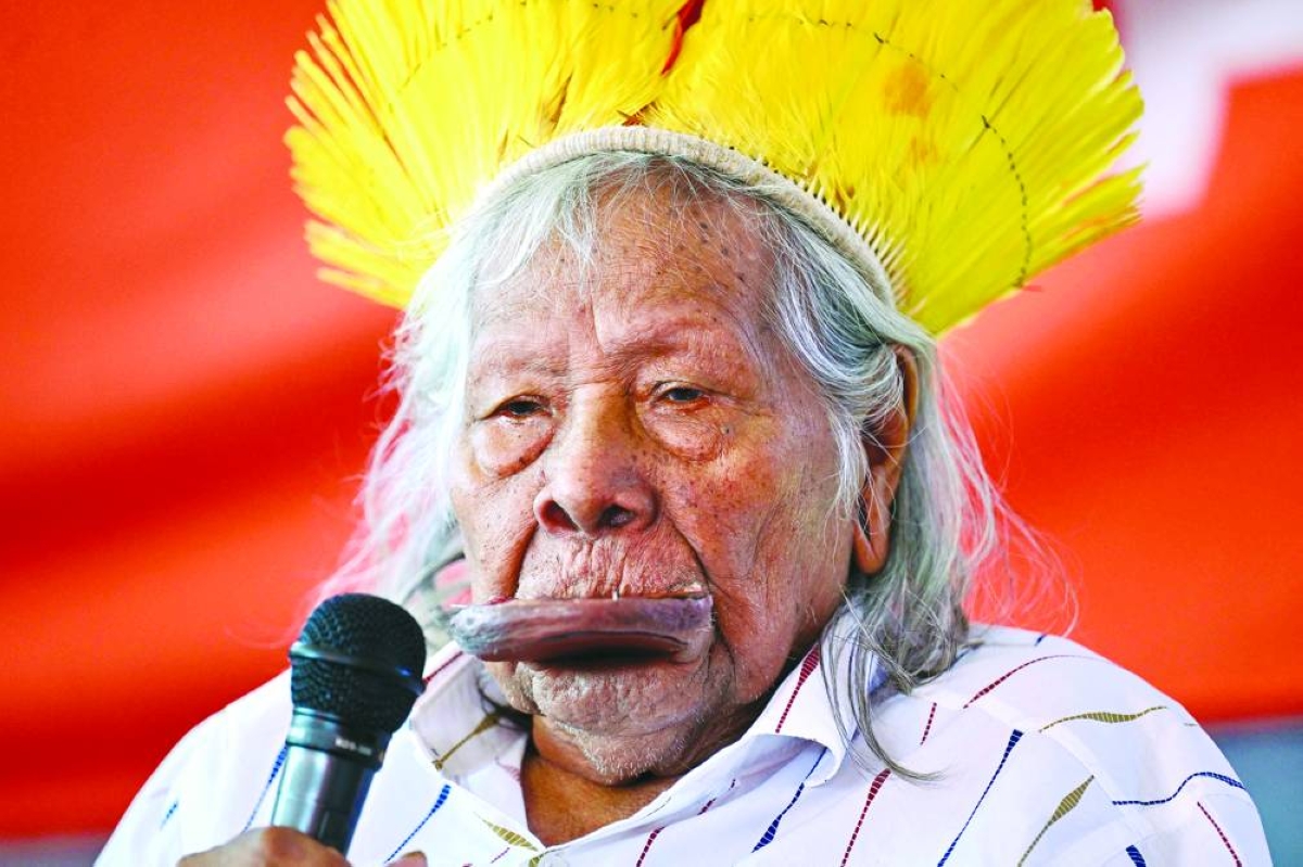 Brazilian indigenous leader Chief Raoni Metuktire of the Caiapo people, speaks during a press conference in Brasilia on Wednesday (AFP)