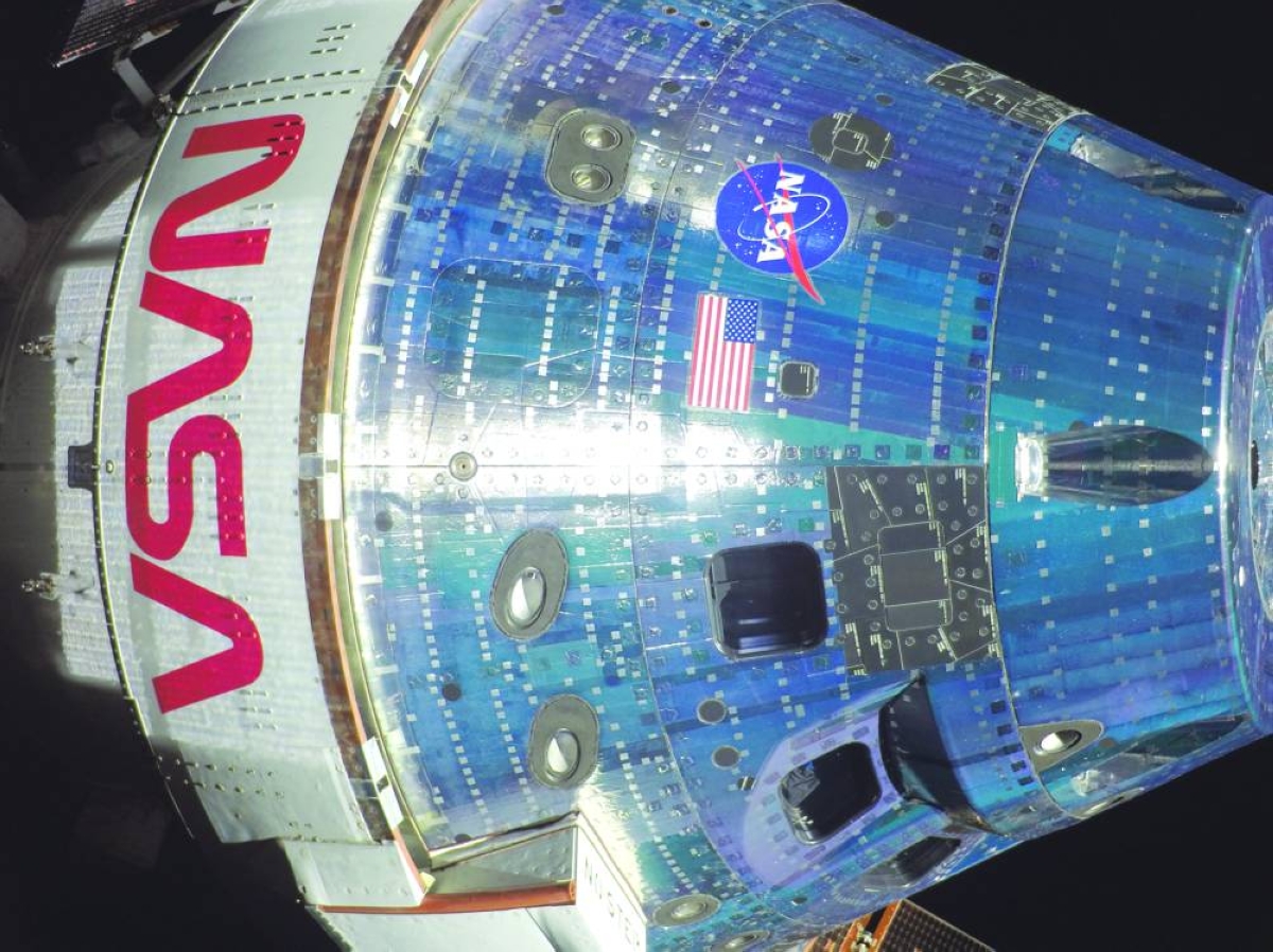 
The Orion spacecraft on the sixth day into the Artemis II mission, photographed from one of the cameras mounted on its solar array wings, earlier this week. (AFP) 
