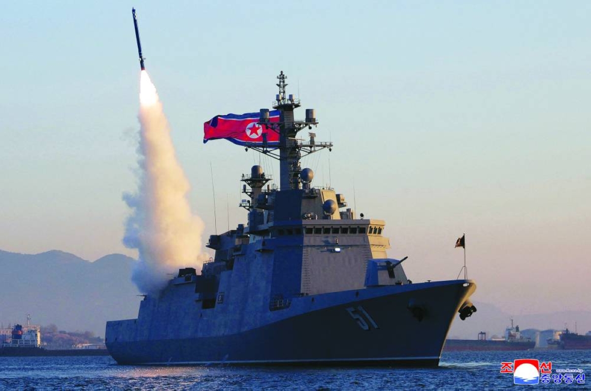 The destroyer Choe Hyon conducting a test-fire of a missile at an undisclosed location in North Korea on Sunday. (AFP)
