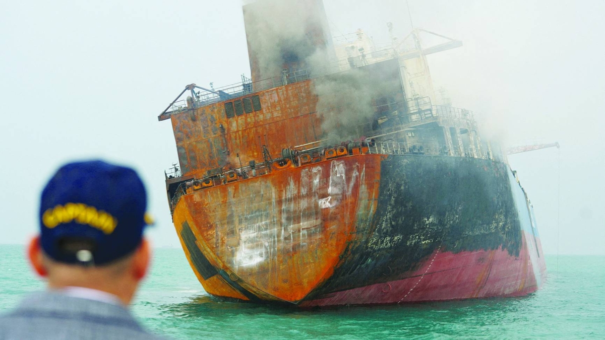 
A foreign tanker carrying Iraqi fuel oil damaged after catching fire in Iraq’s territorial waters, following unidentified attacks that targeted two foreign tankers, according to Iraqi port officials, near Basra, on March 12. The International Monetary Fund sharply reduced its 2026 growth forecast for the Middle East and North Africa to 1.1% on Tuesday as war chokes Gulf oil and gas exports. 