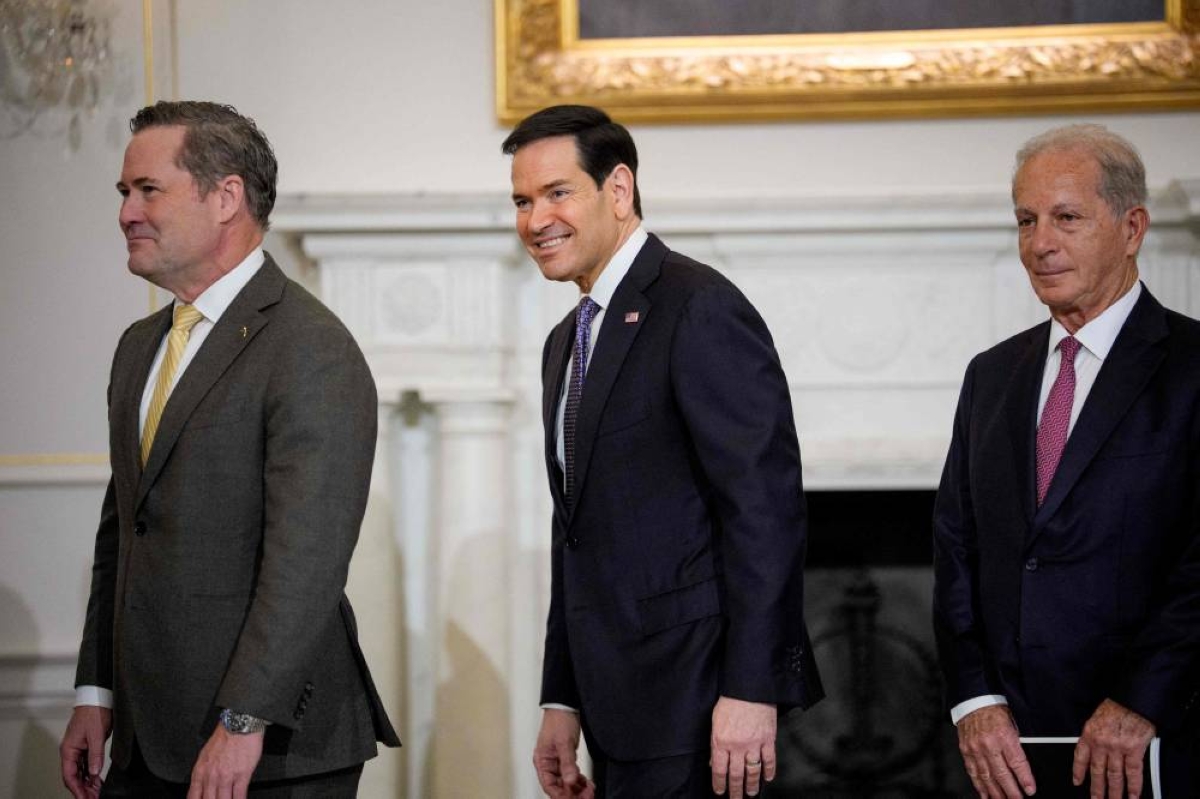 WASHINGTON, DC - APRIL 14: (L-R) U.S. Ambassador to the United Nations Michael Waltz, U.S. Secretary of State Marco Rubio, and U.S. Ambassador to Lebanon Michel Issa, arrive for working-level peace talks with Lebanese Ambassador to the U.S. Nada Hamadeh Moawad and Israeli Ambassador to the U.S. Yechiel Leiter at the U.S. State Department on April 14, 2026 in Washington, DC. In their first direct diplomatic talks in more than 30 years, Lebanon and Israel are preparing negotiations to potentially end Israel's conflict with the Lebanese militia Hezbollah.   Andrew Harnik/Getty Images/AFP (Photo by Andrew Harnik / GETTY IMAGES NORTH AMERICA / Getty Images via AFP)