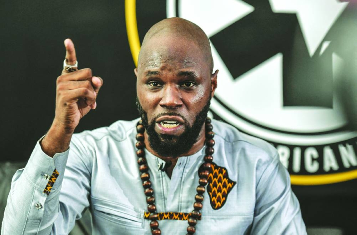 Kemi Seba is pictured addressing a press conference in Paris in this picture taken in 2020. – AFP