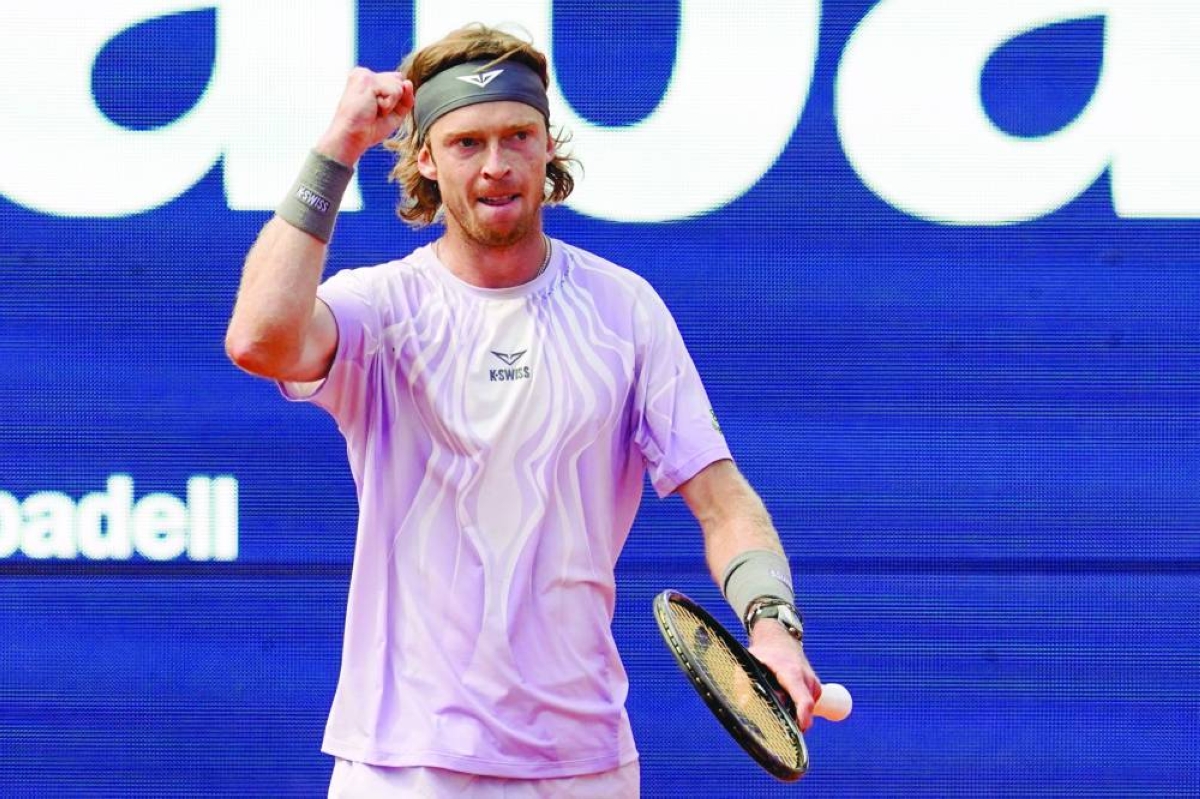 Russia’s Andrey Rublev reacts after winning his Barcelona Open semi-final against Serbia’s Hamad Medjedovic Saturday. (AFP)
