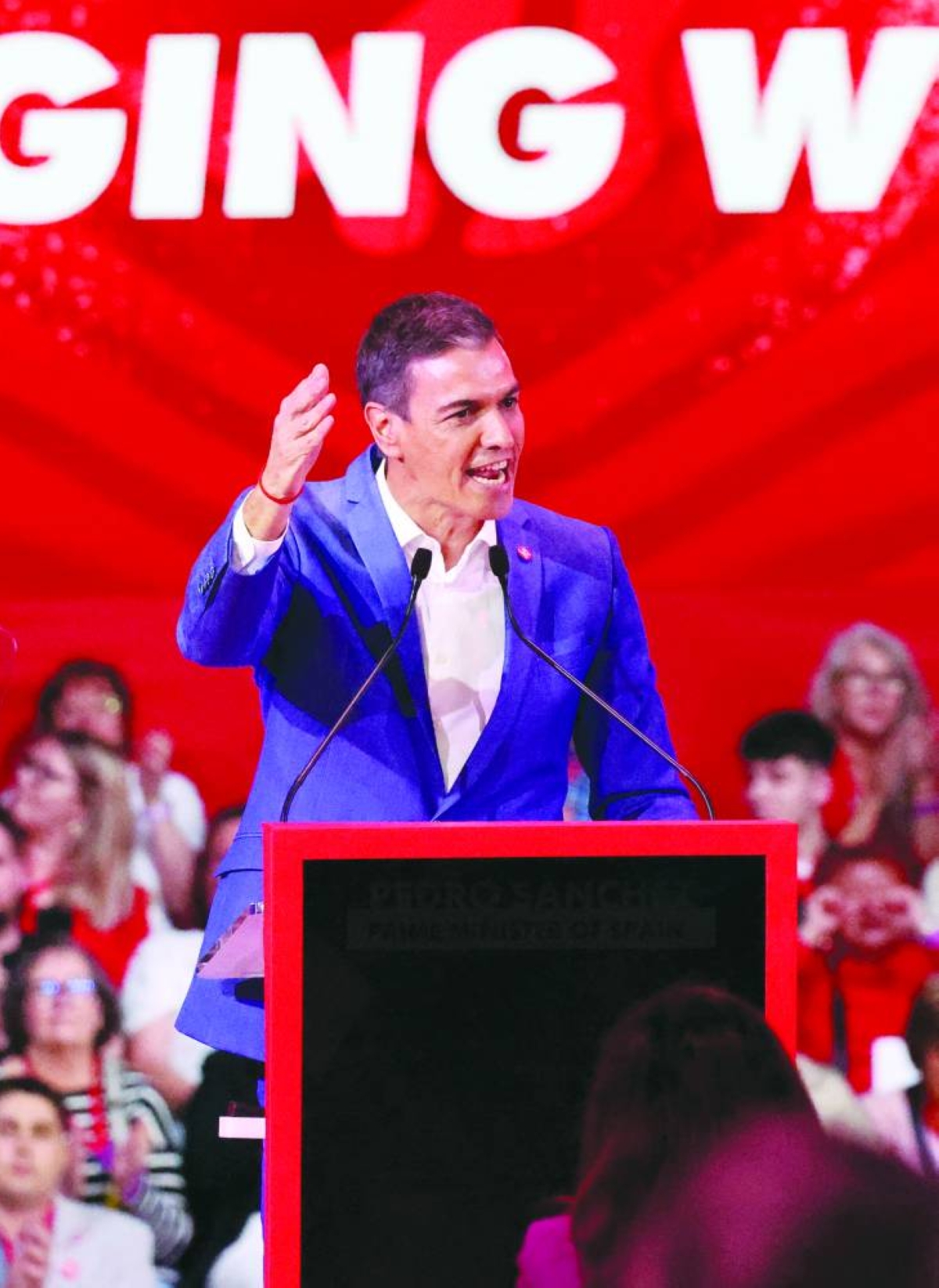 Spain's Prime Minister Pedro Sanchez speaks at the Global Progressive Mobilisation in Barcelona, Spain,on Saturday. (Reuters)