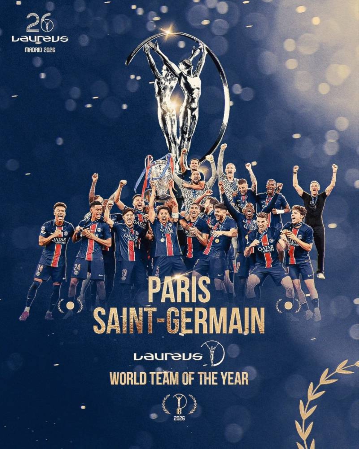 Paris St Germain, following a historic 2025 "treble" including the French league, the French Cup, and their first-ever Champions League title, were named World Team of the Year at Laureus World Sports Awards 2026 on Monday in Madrid.