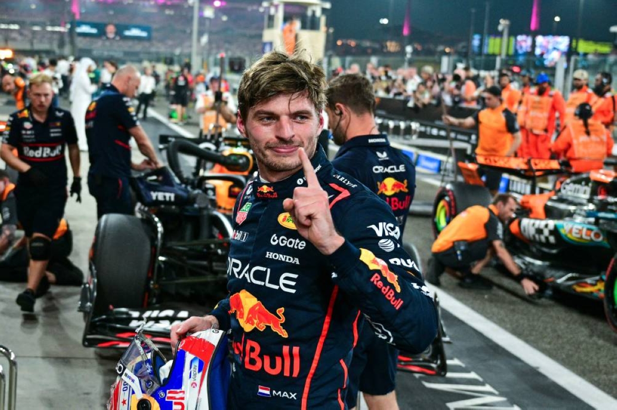 Red Bull Racing's Dutch driver Max Verstappen reacts after taking the pole position at the end of the qualifying session ahead of the Abu Dhabi Grand Prix at the Yas Marina Circuit in Abu Dhabi on December 6, 2025. (AFP)