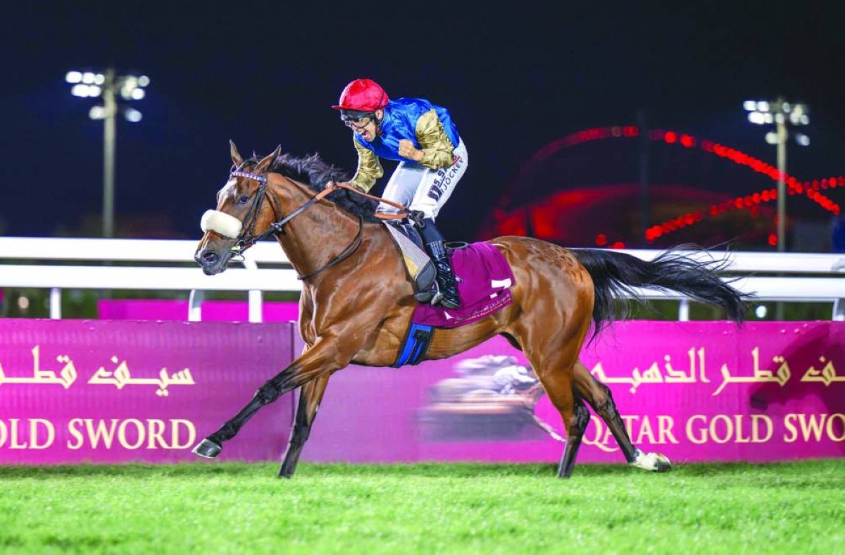 Jockey Soufiane Saadi guides Chdia to the Qatar Gold Sword win Thursday.