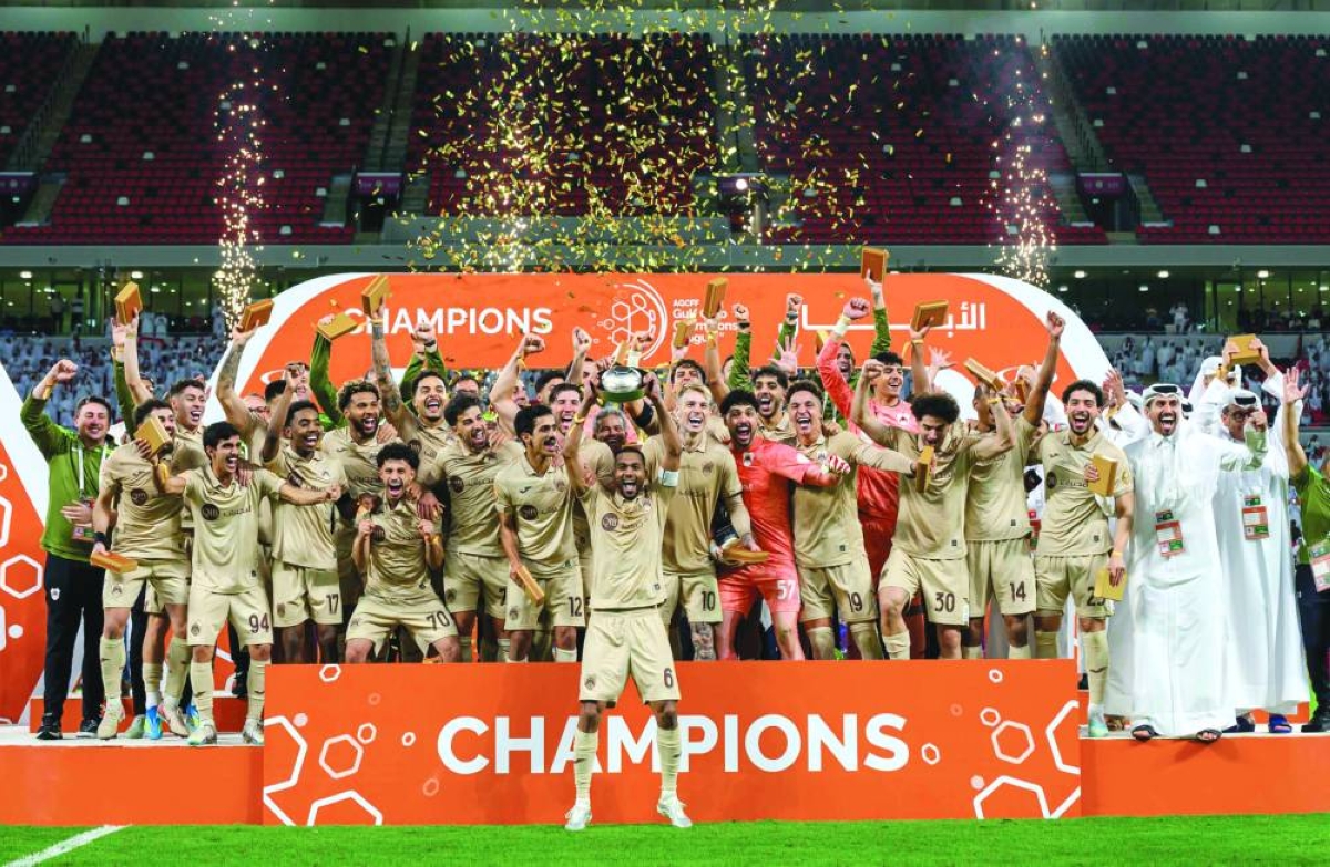 Al Rayyan players celebrate clinching the Gulf Club Champions League after a 3-0 win over Saudi Arabia’s Al Shabab in the final at Ahmad Bin Ali Stadium Thursday. 
PICTURE:Noushad Thekkayil