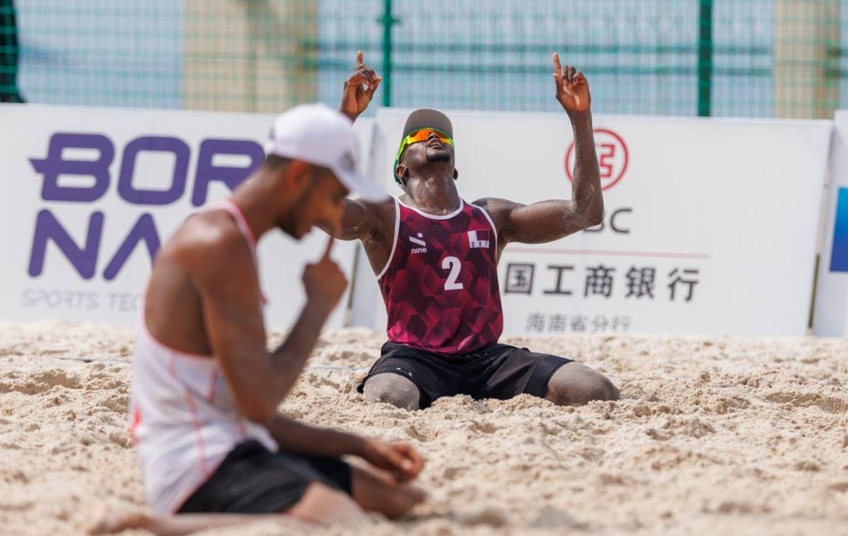 Qatar's Ahmed Tijan reacts after a hard-fought win over Iran at the Asian Beach Games in Sanya, China, yesterday.