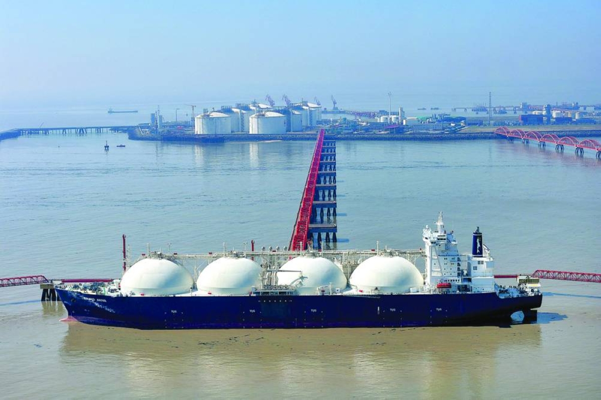 A ship offloads liquefied natural gas at the PetroChina Jiangsu LNG terminal at Yangkou port in Rudong, in China’s eastern Jiangsu province. The combined impact of near-term supply losses and slower capacity growth could result in a cumulative shortfall of around 120bn cubic meters of LNG between 2026 and 2030, the IEA said. 