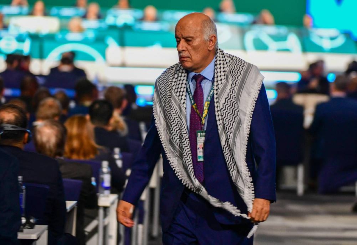 The President of the Palestine Football Association Jibril Rajoub is seen after speaking during the 76th FIFA Congress in Vancouver, Canada on April 30, 2026. (Photo by Don MacKinnon / AFP)