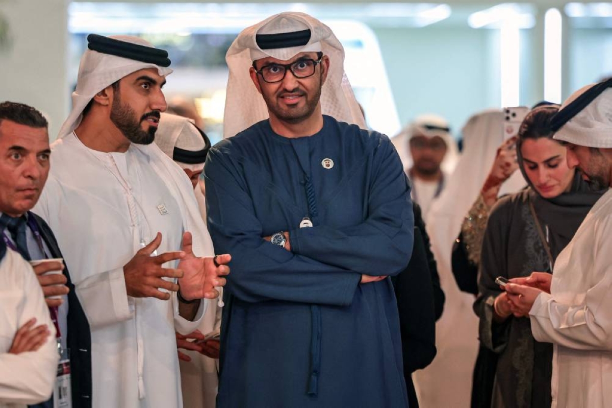 Sultan Ahmed al-Jaber (C), the UAE's Minister of Industry and Advanced Technology, ADNOC Managing Director and Group CEO, and Chairman of the Abu Dhabi Future Energy Company "Masdar", attends the fifth edition of the "Make it in the Emirates" conference in Abu Dhabi on May 4, 2026. (Photo by FADEL SENNA / AFP)