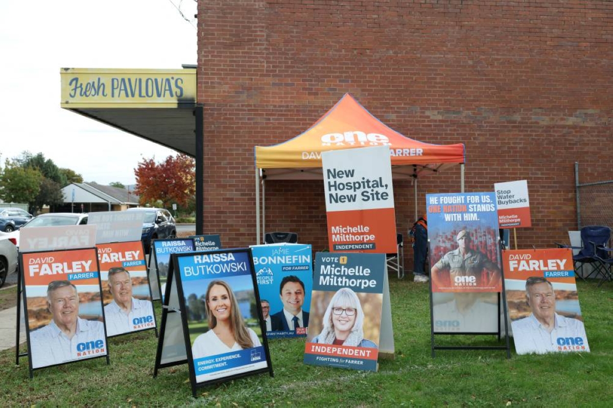 Campaign signs depicting One Nation candidate David Farley, Liberal candidate Raissa Butkowski, Independent candidate Michelle Milthorpe, and former Australia soldier Ben Roberts-Smith are displayed outside a pre-polling centre ahead of the Farrer by-election in Albury, Australia, on Wednesday. (Reuters)