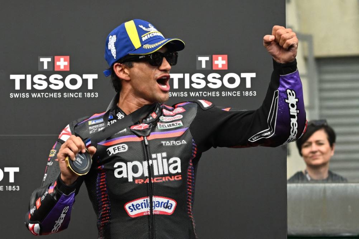 Aprilia Racing's Spanish rider Jorge Martin celebrates on the podium after winning the Moto GP Grand Prix of France Sprint race at Le Mans, northwestern France, on May 9, 2026. (AFP)